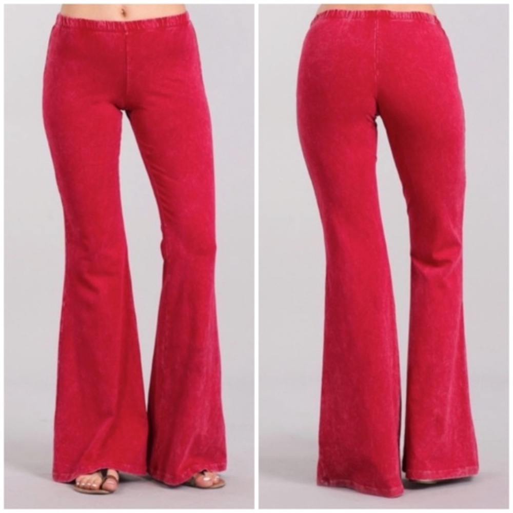 Raspberry Boho Mineral Wash Flared Pants